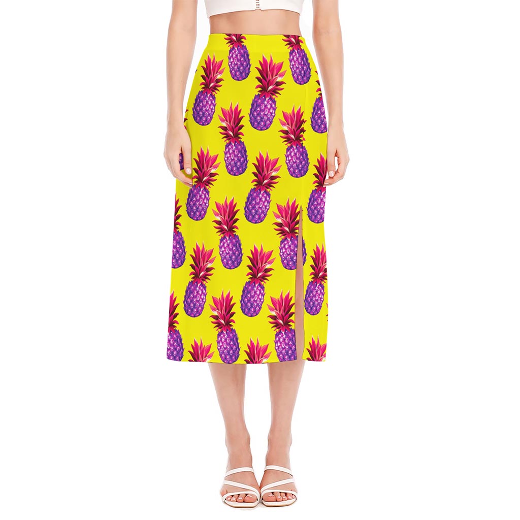 Purple EDM Pineapple Pattern Print Side Slit Midi Skirt