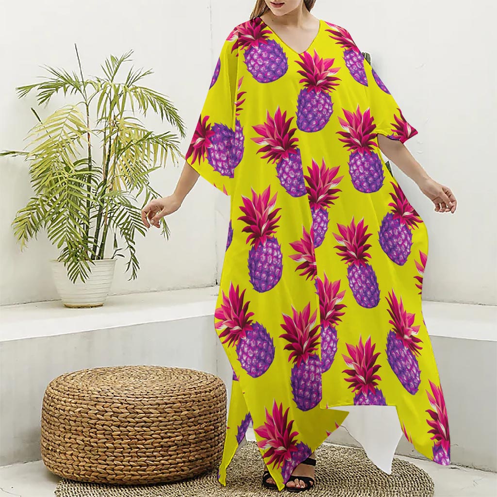 Purple EDM Pineapple Pattern Print Silk V-Neck Kaftan Dress