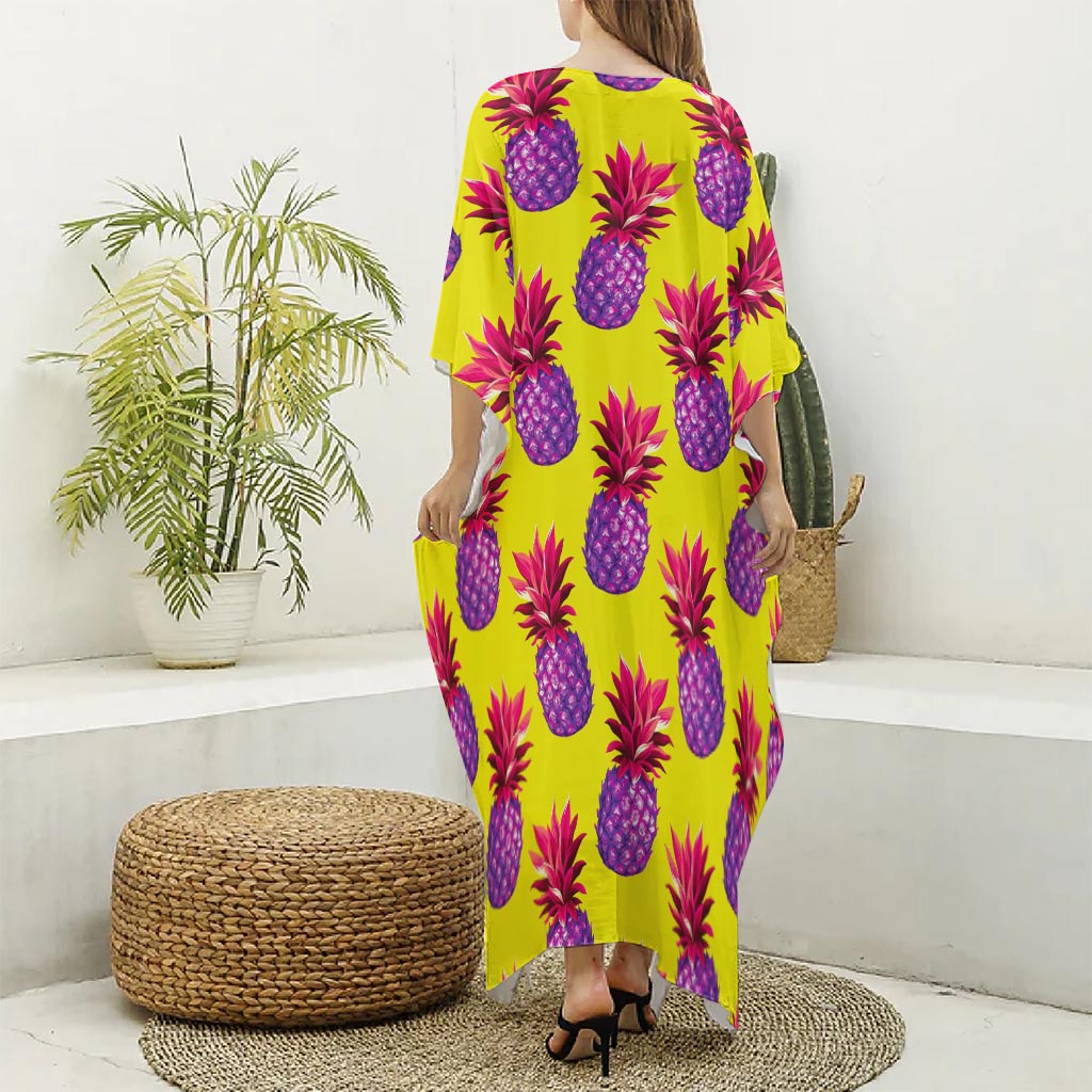 Purple EDM Pineapple Pattern Print Silk V-Neck Kaftan Dress