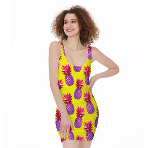 Purple EDM Pineapple Pattern Print Sleeveless Bodycon Dress