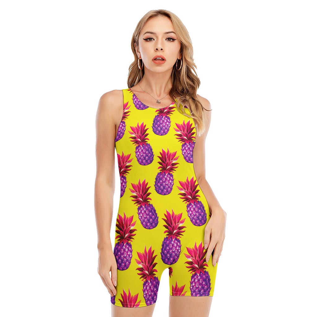 Purple EDM Pineapple Pattern Print Sleeveless One Piece Swimsuit