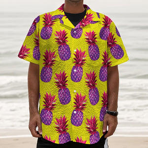 Purple EDM Pineapple Pattern Print Textured Short Sleeve Shirt