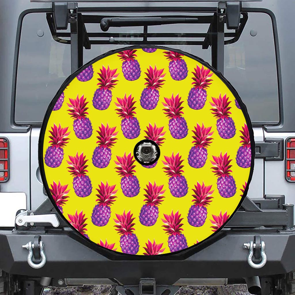 Purple EDM Pineapple Pattern Print Tire Cover With Camera Hole