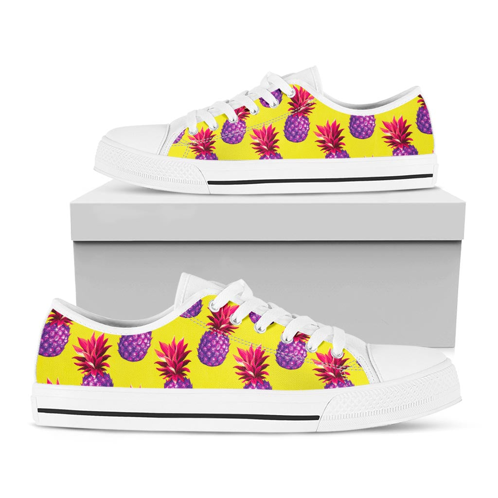 Purple EDM Pineapple Pattern Print White Low Top Sneakers