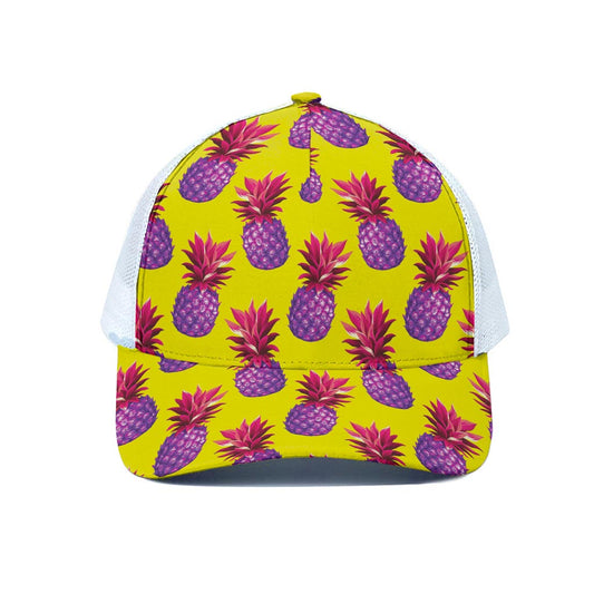 Purple EDM Pineapple Pattern Print White Mesh Trucker Cap