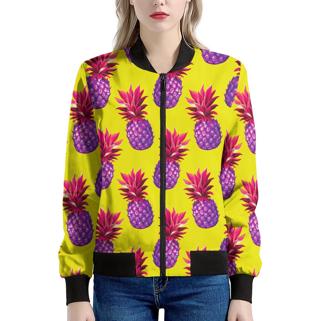 Purple EDM Pineapple Pattern Print Women's Bomber Jacket