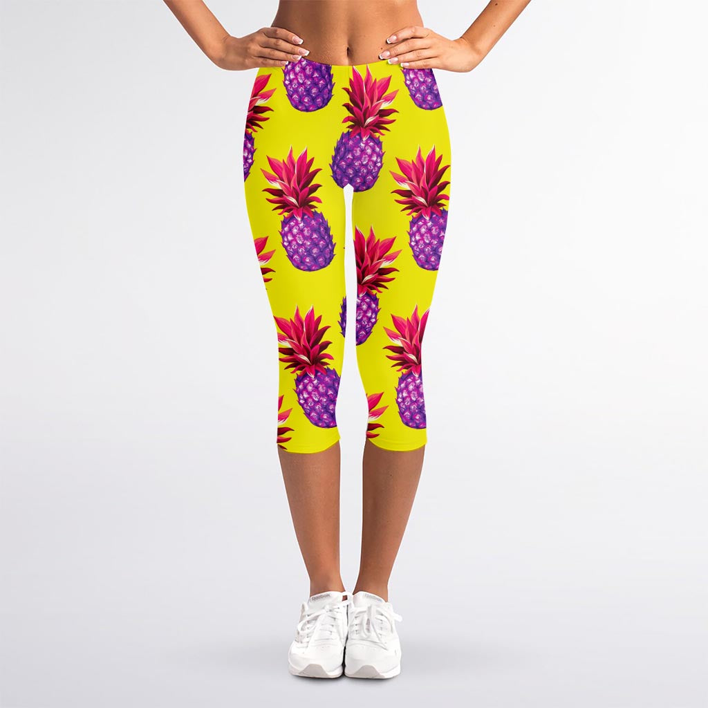 Purple EDM Pineapple Pattern Print Women's Capri Leggings