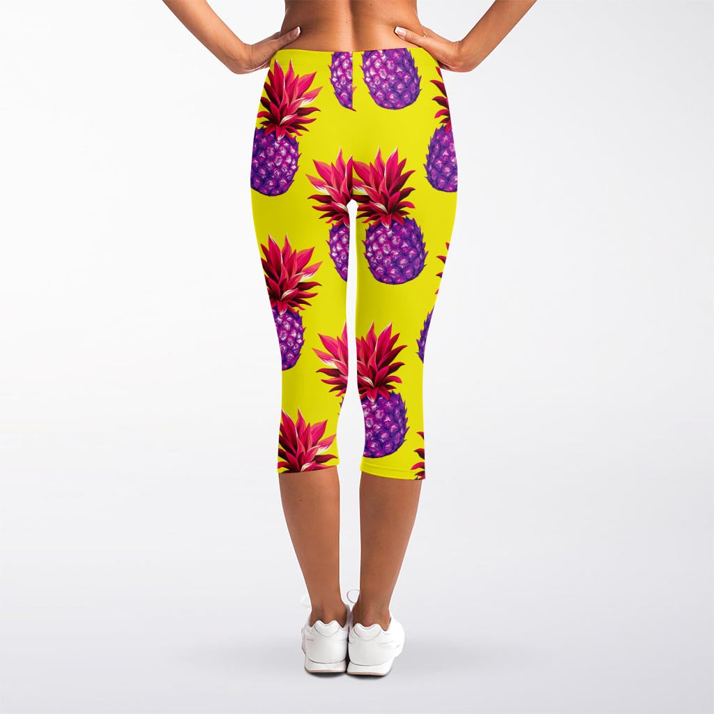 Purple EDM Pineapple Pattern Print Women's Capri Leggings