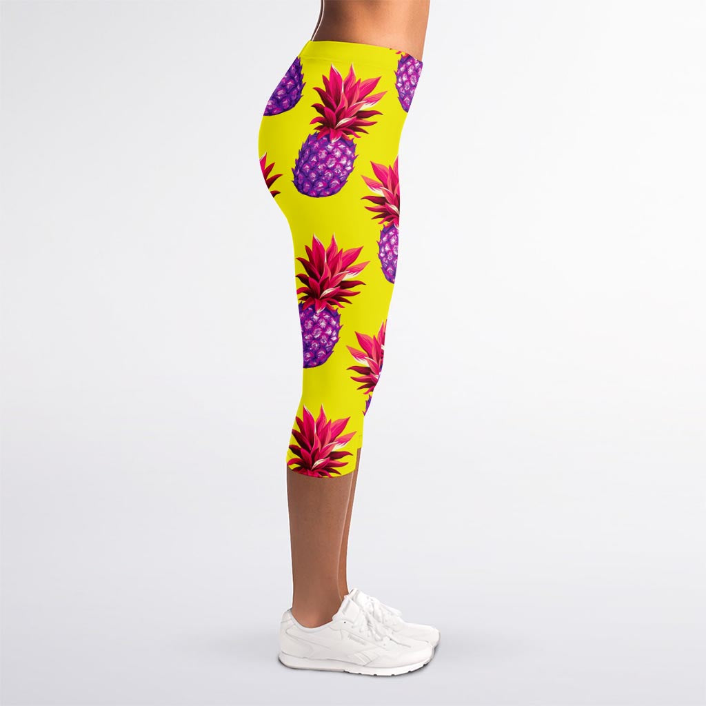 Purple EDM Pineapple Pattern Print Women's Capri Leggings