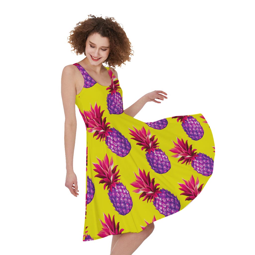 Purple EDM Pineapple Pattern Print Women's Sleeveless Dress