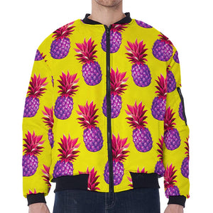 Purple EDM Pineapple Pattern Print Zip Sleeve Bomber Jacket