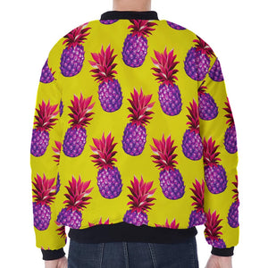 Purple EDM Pineapple Pattern Print Zip Sleeve Bomber Jacket