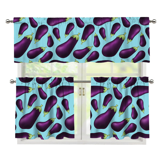 Purple Eggplant Pattern Print 3 Piece Kitchen Curtains