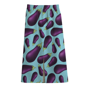 Purple Eggplant Pattern Print Cotton Front Slit Maxi Skirt