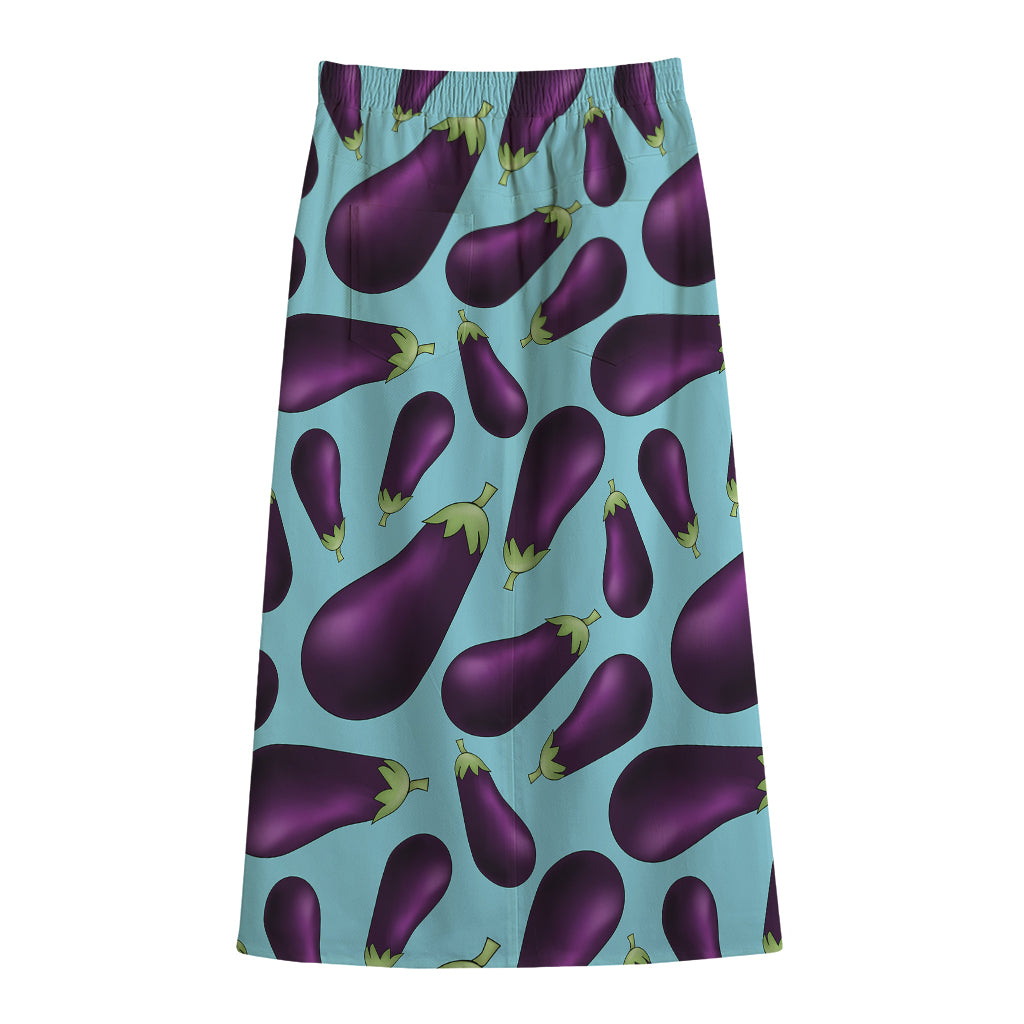 Purple Eggplant Pattern Print Cotton Front Slit Maxi Skirt