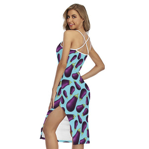 Purple Eggplant Pattern Print Cross Back Cami Dress