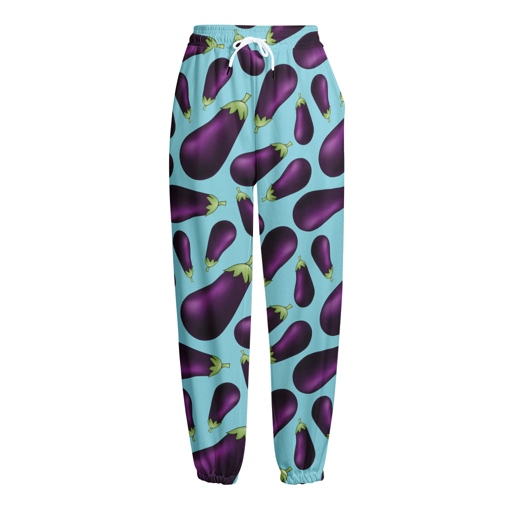 Purple Eggplant Pattern Print Fleece Lined Knit Pants