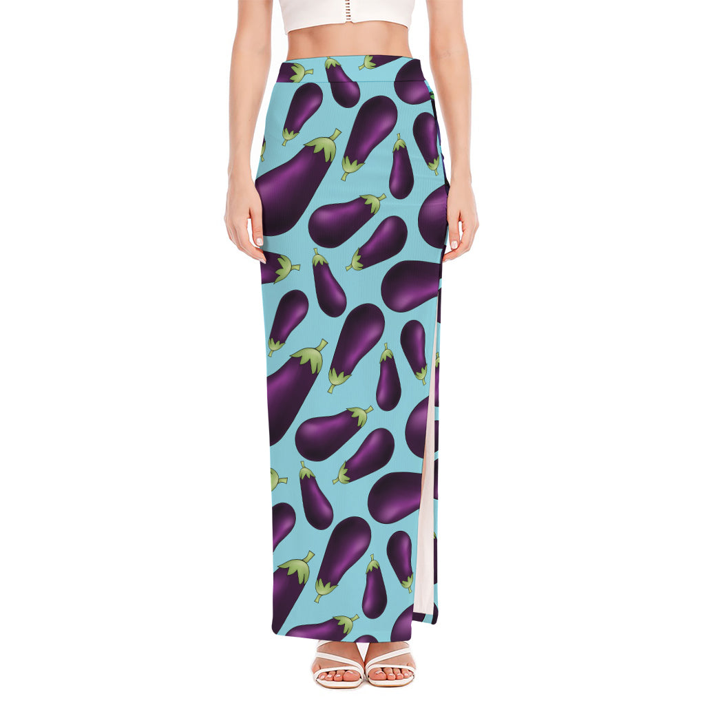 Purple Eggplant Pattern Print High Slit Maxi Skirt