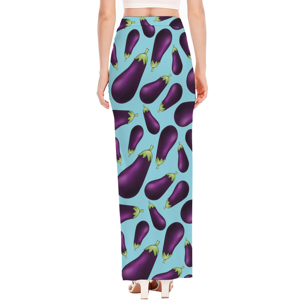 Purple Eggplant Pattern Print High Slit Maxi Skirt