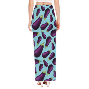 Purple Eggplant Pattern Print High Slit Maxi Skirt