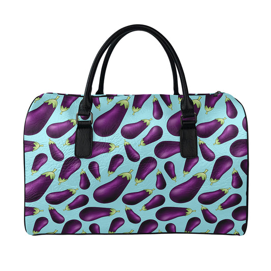 Purple Eggplant Pattern Print Leather Duffle Bag