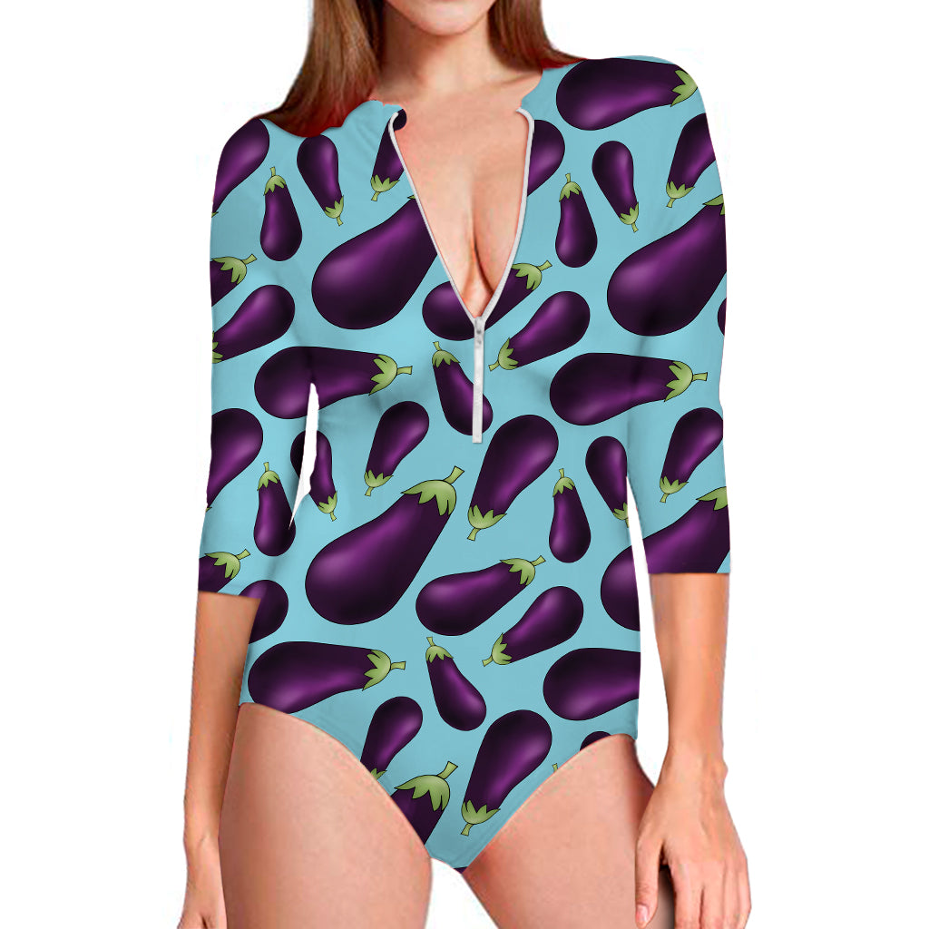 Purple Eggplant Pattern Print Long Sleeve Swimsuit