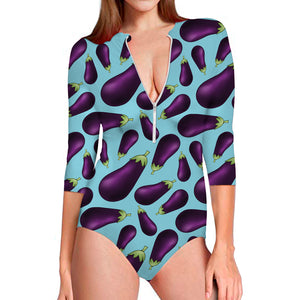 Purple Eggplant Pattern Print Long Sleeve Swimsuit