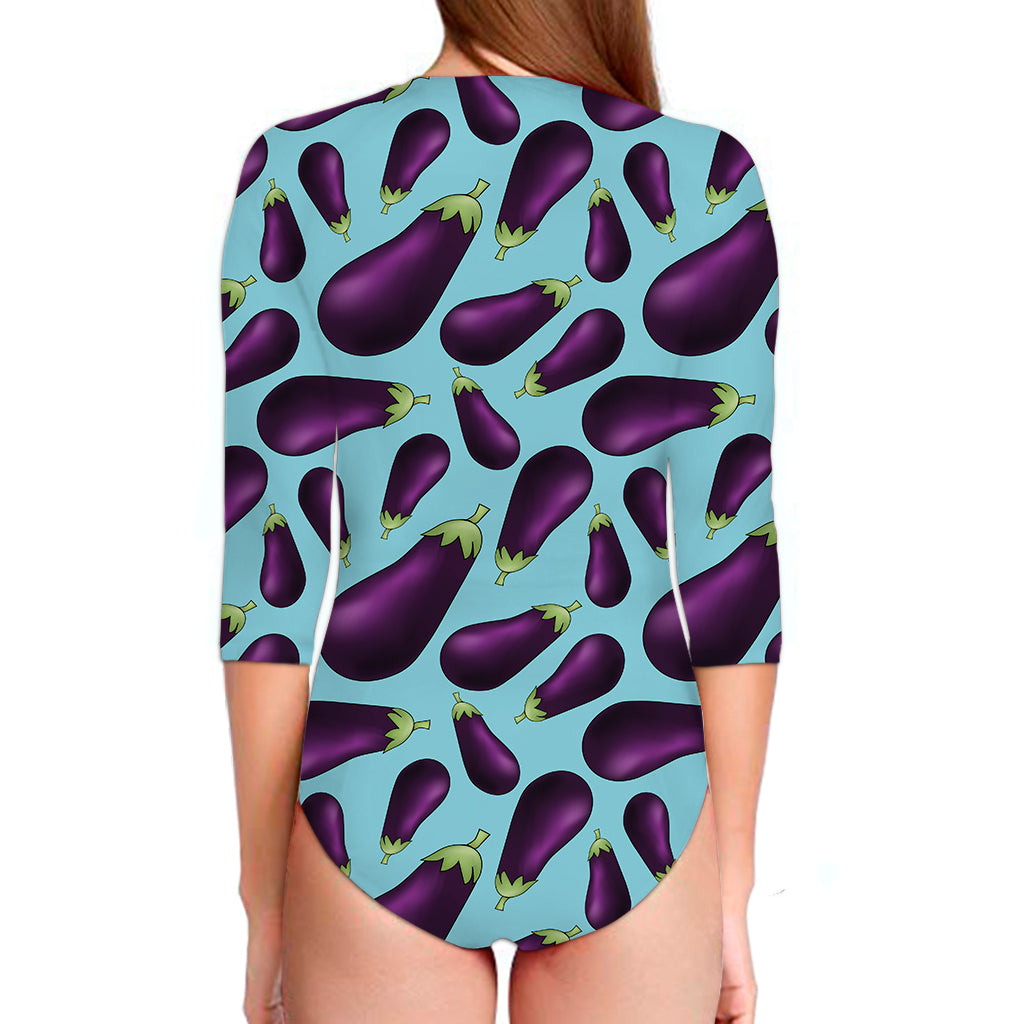 Purple Eggplant Pattern Print Long Sleeve Swimsuit