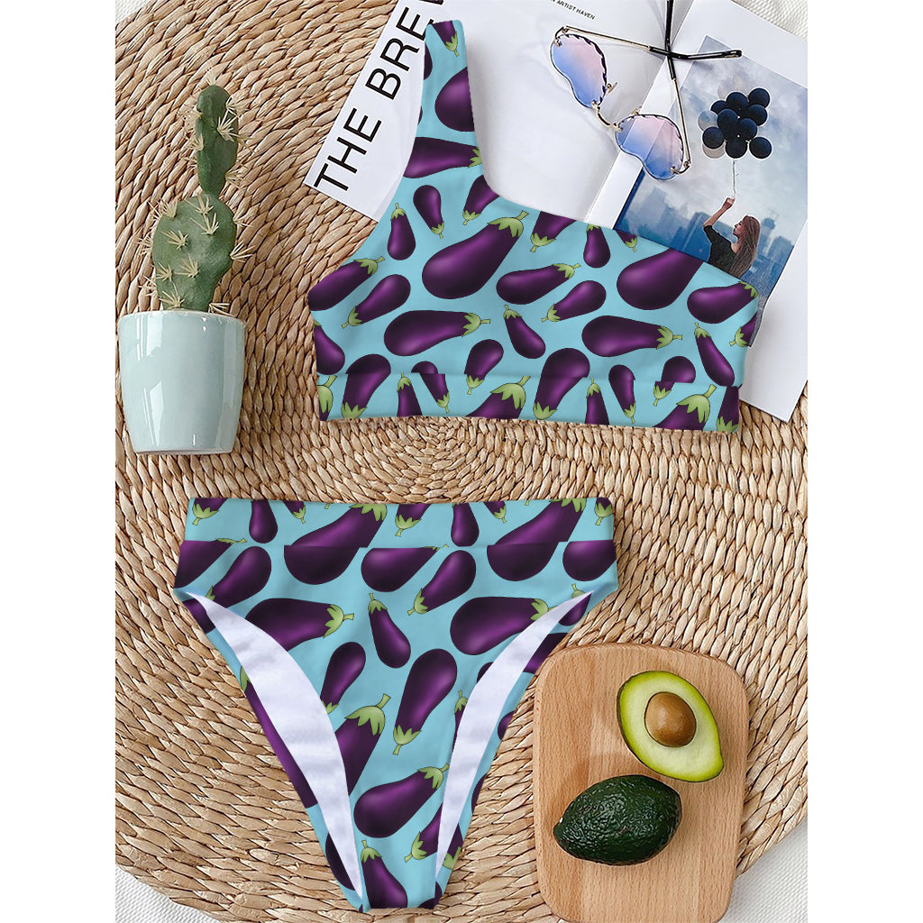 Purple Eggplant Pattern Print One Shoulder Bikini Top