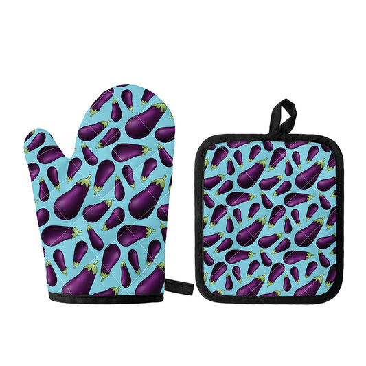 Purple Eggplant Pattern Print Oven Mitt And Pot Holder Set