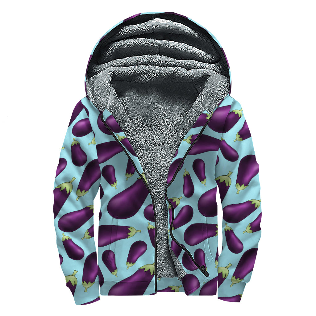 Purple Eggplant Pattern Print Sherpa Lined Zip Up Hoodie