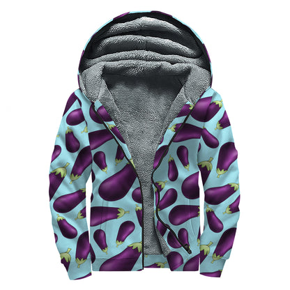 Purple Eggplant Pattern Print Sherpa Lined Zip Up Hoodie