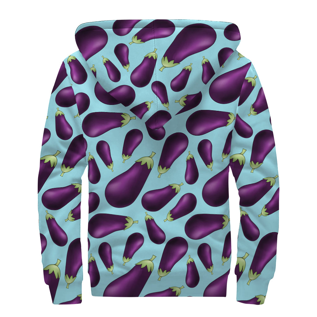 Purple Eggplant Pattern Print Sherpa Lined Zip Up Hoodie