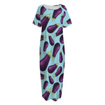 Purple Eggplant Pattern Print Short Sleeve Long Nightdress