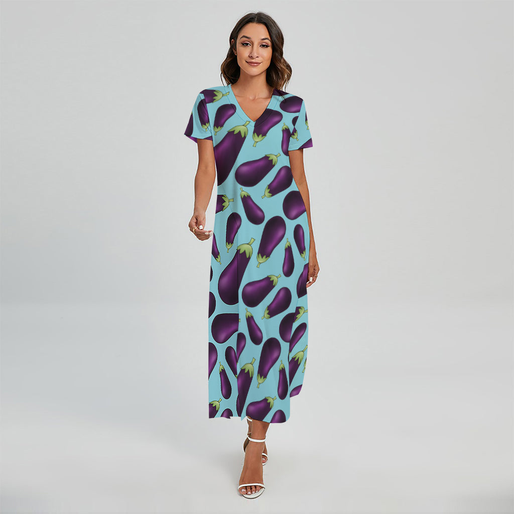 Purple Eggplant Pattern Print Short Sleeve Maxi Dress