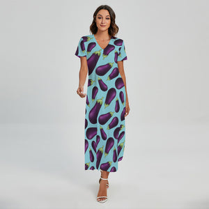 Purple Eggplant Pattern Print Short Sleeve Maxi Dress