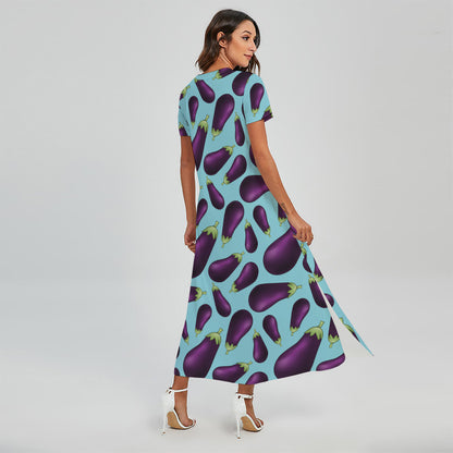 Purple Eggplant Pattern Print Short Sleeve Maxi Dress