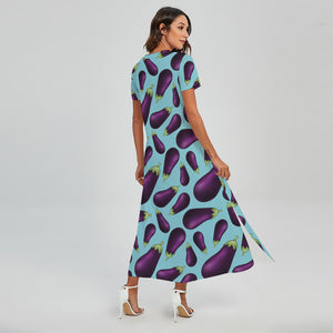 Purple Eggplant Pattern Print Short Sleeve Maxi Dress