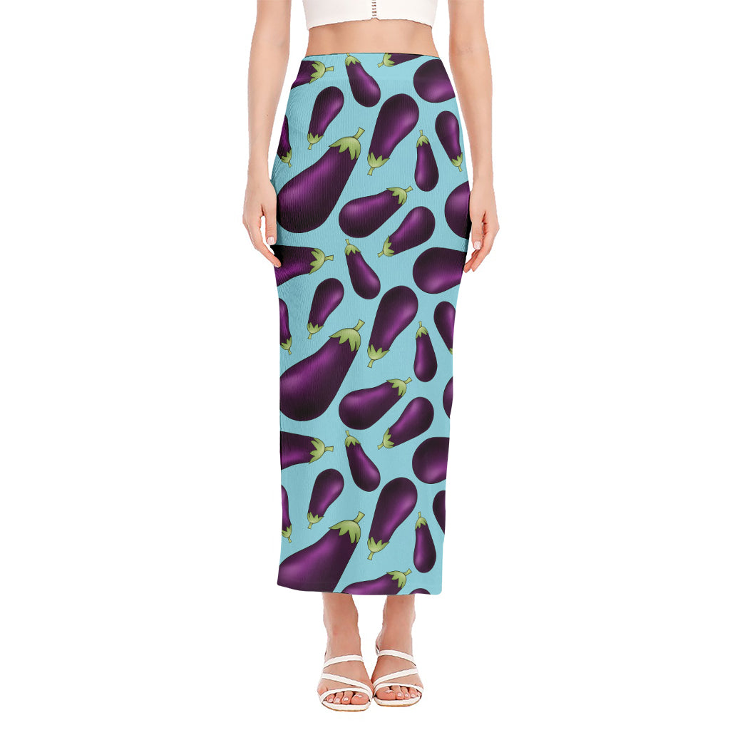 Purple Eggplant Pattern Print Side Slit Maxi Skirt