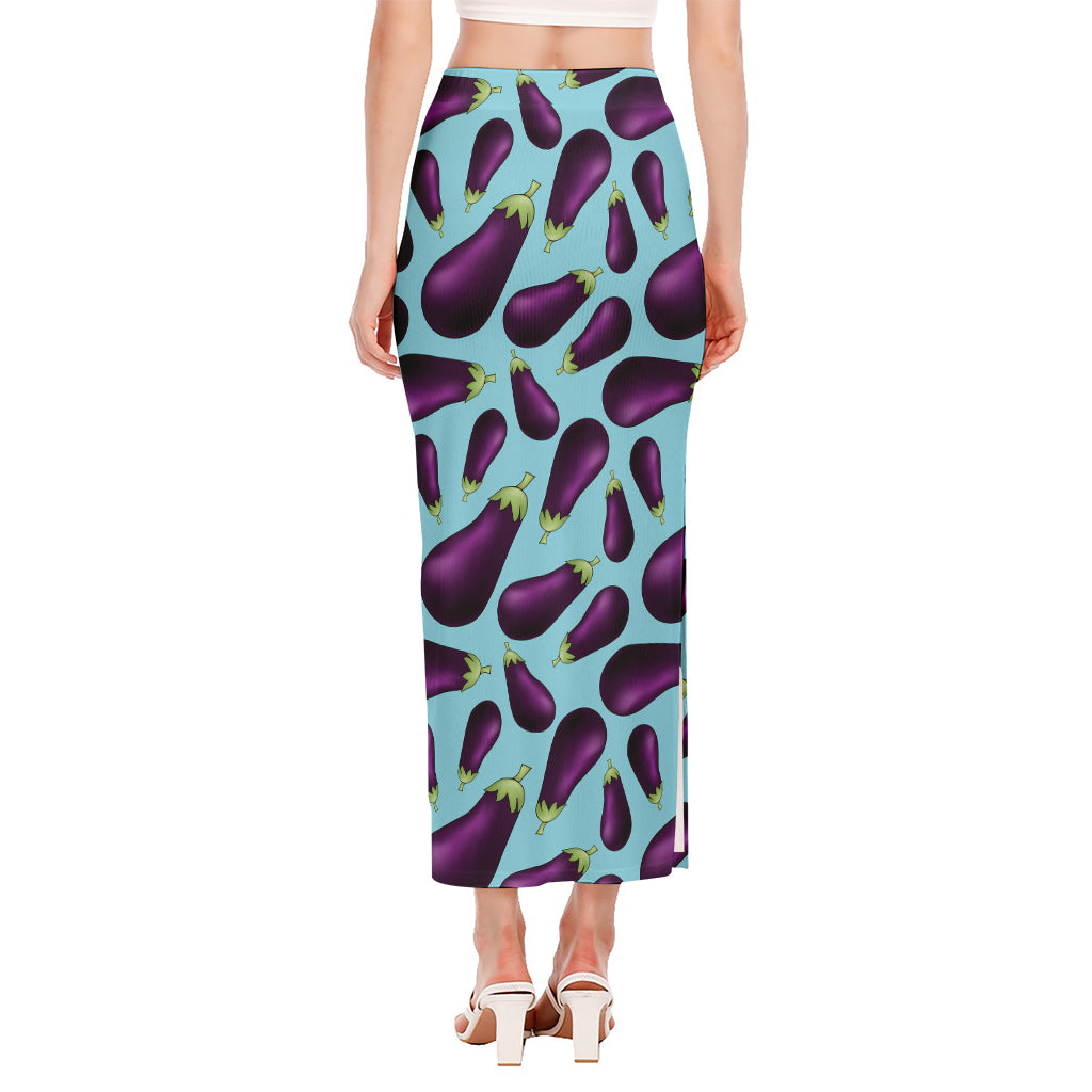 Purple Eggplant Pattern Print Side Slit Maxi Skirt