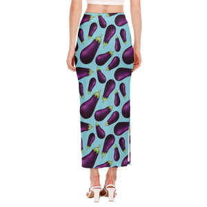 Purple Eggplant Pattern Print Side Slit Maxi Skirt