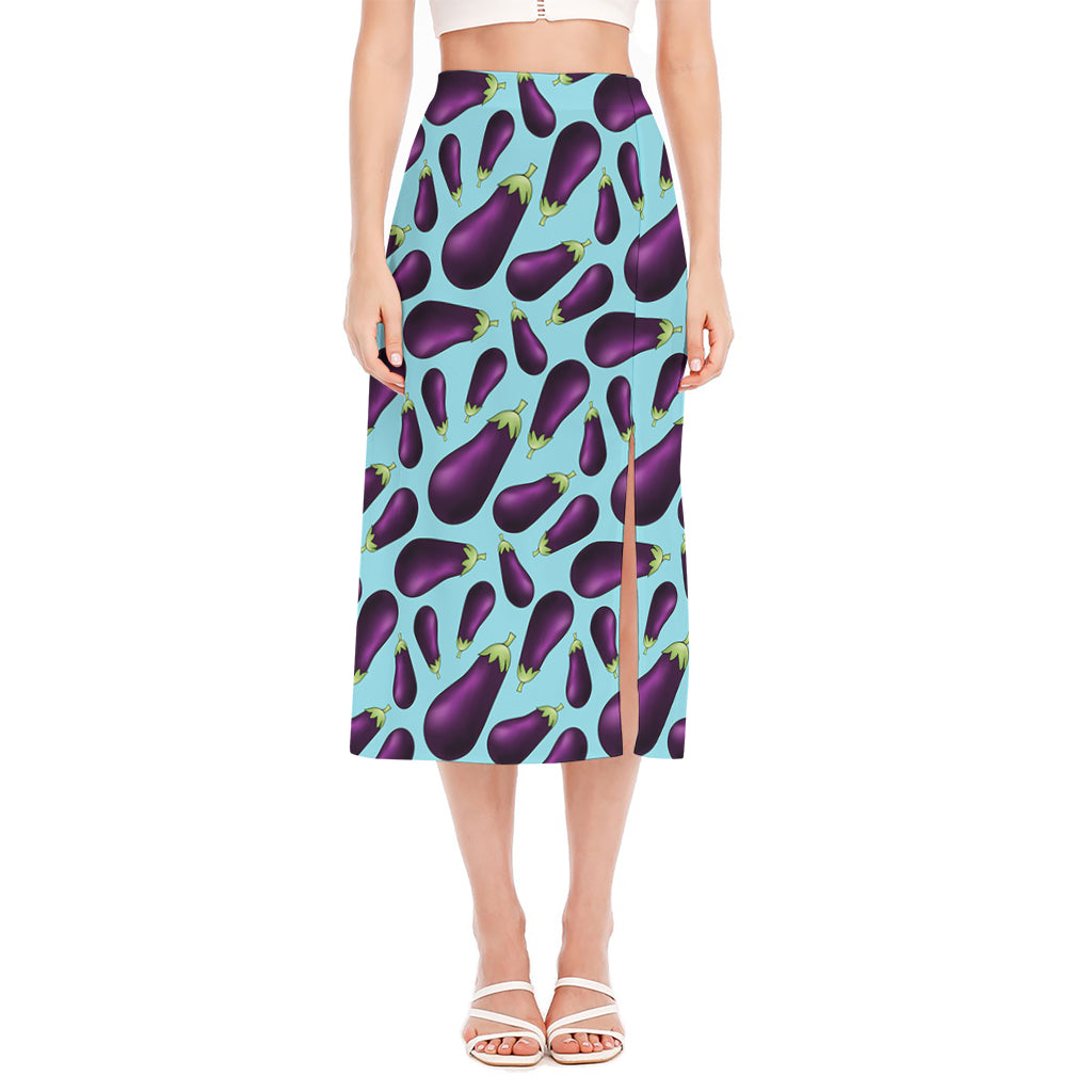 Purple Eggplant Pattern Print Side Slit Midi Skirt