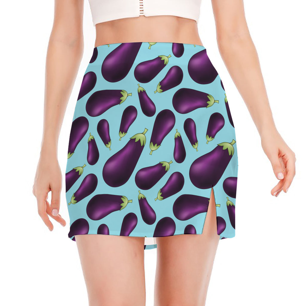 Purple Eggplant Pattern Print Side Slit Mini Skirt