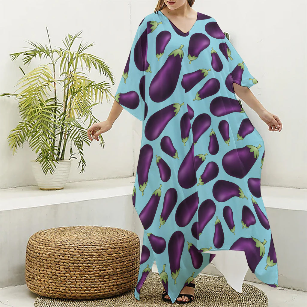 Purple Eggplant Pattern Print Silk V-Neck Kaftan Dress