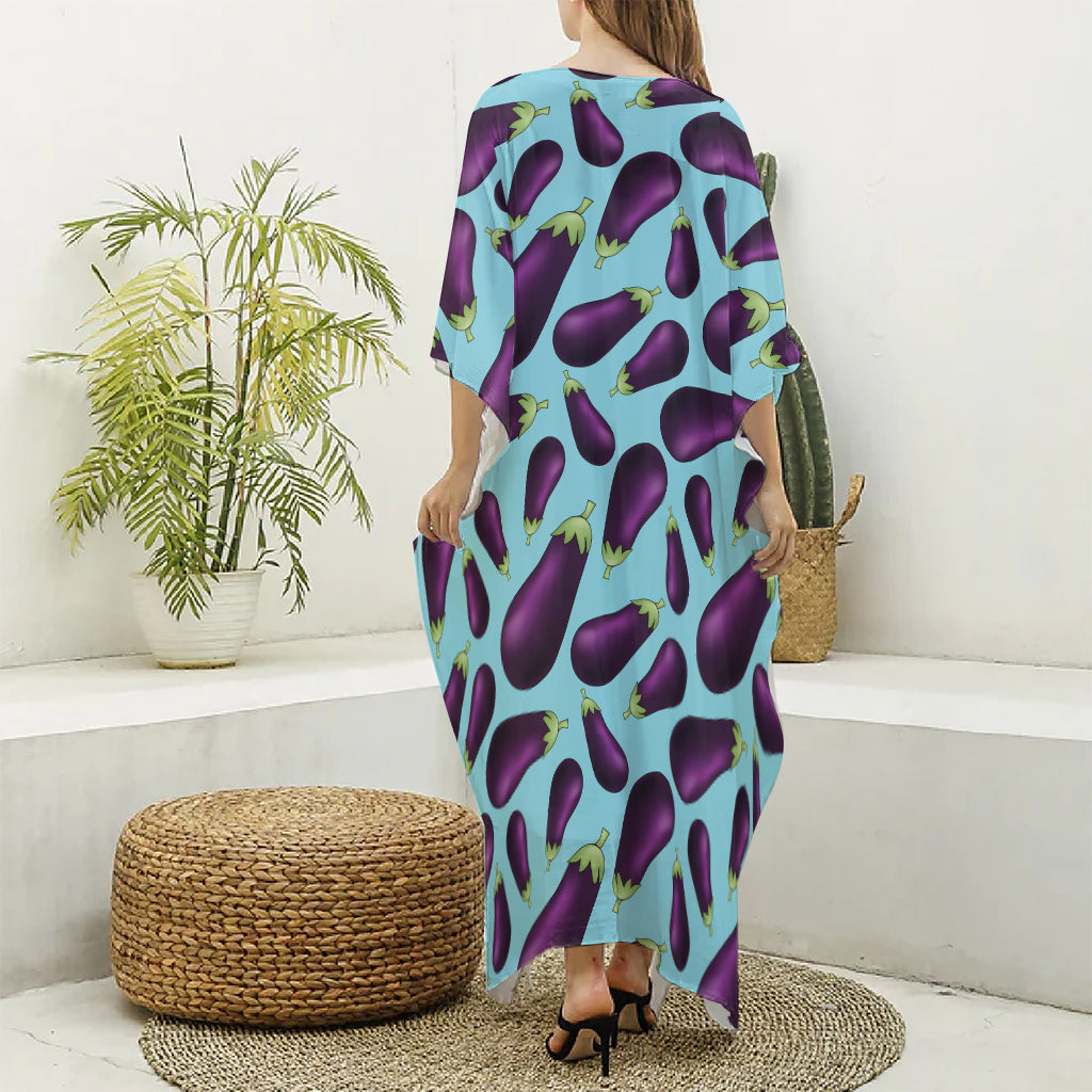 Purple Eggplant Pattern Print Silk V-Neck Kaftan Dress