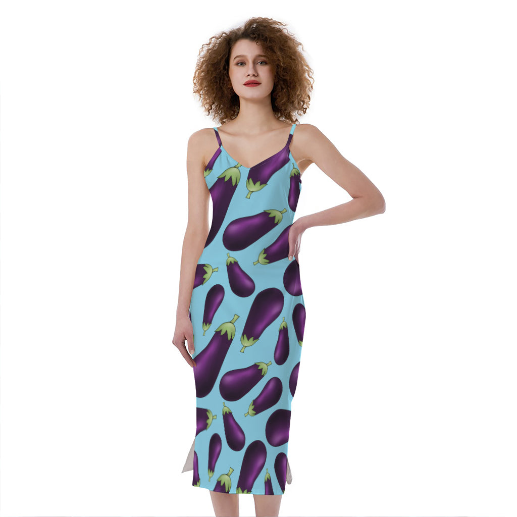 Purple Eggplant Pattern Print Slim Fit Midi Cami Dress