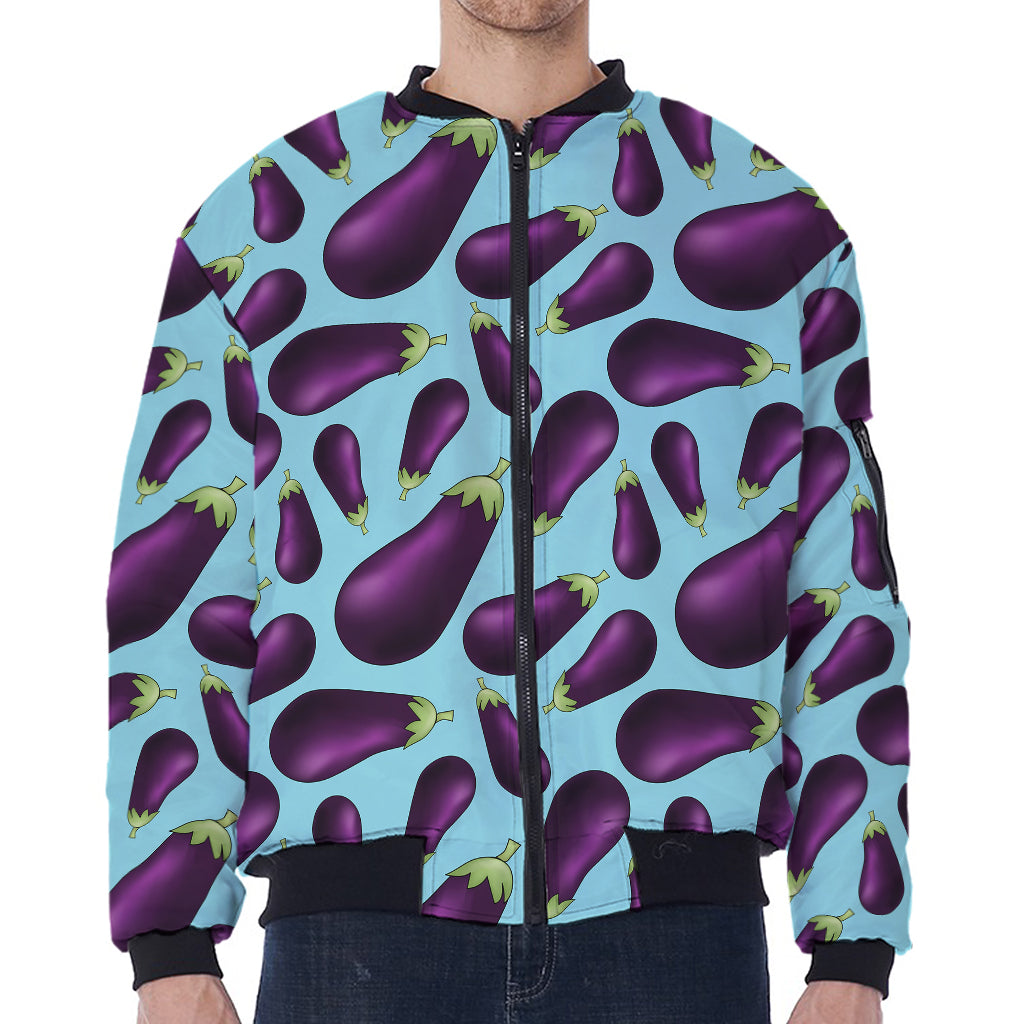 Purple Eggplant Pattern Print Zip Sleeve Bomber Jacket