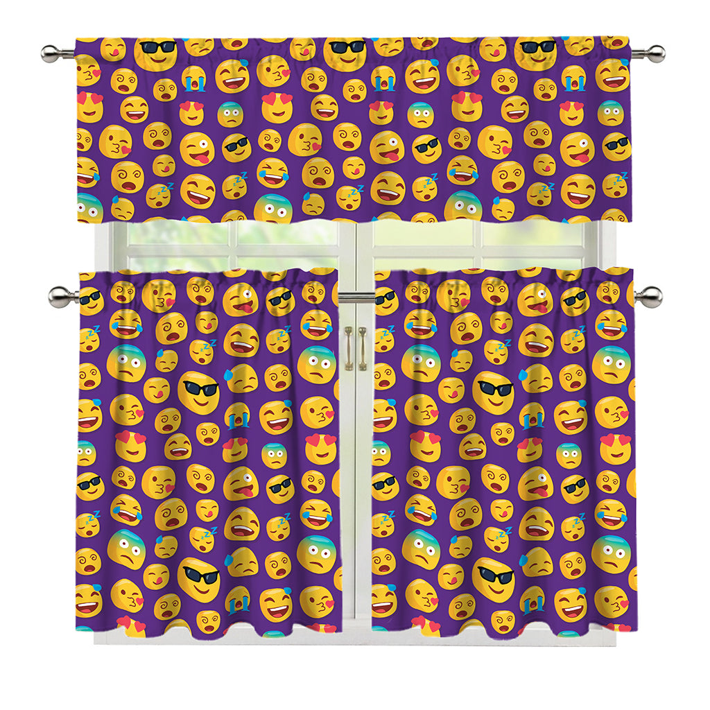 Purple Emoji Pattern Print 3 Piece Kitchen Curtains
