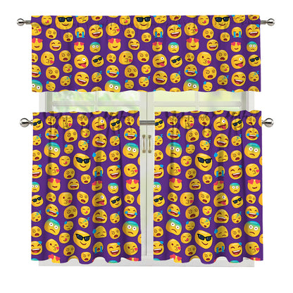 Purple Emoji Pattern Print 3 Piece Kitchen Curtains