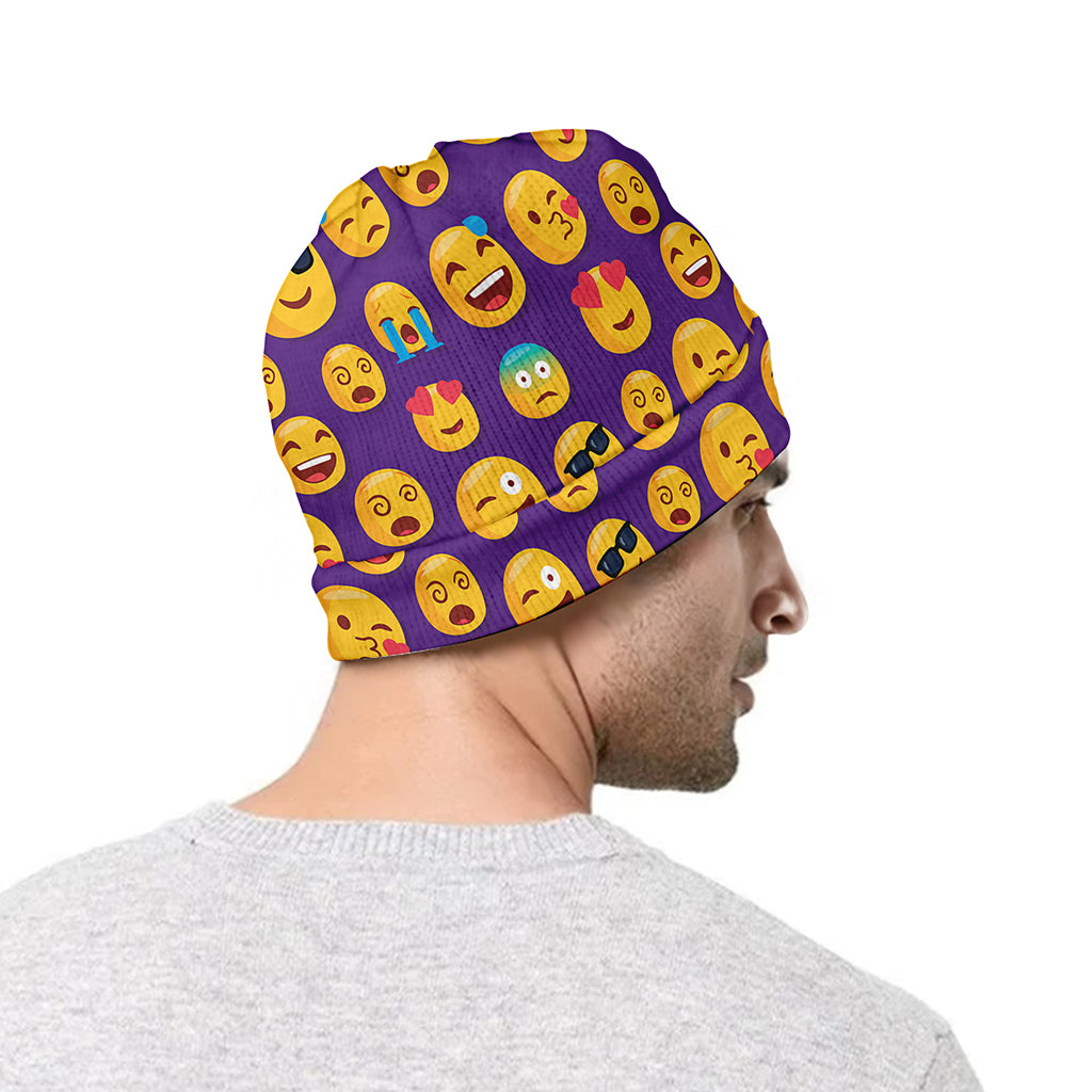 Purple Emoji Pattern Print Beanie